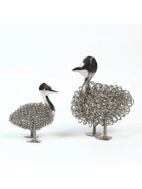 Wiggle Duck & Duckling Nickel silver colored sculpture, rustic farmyard metal